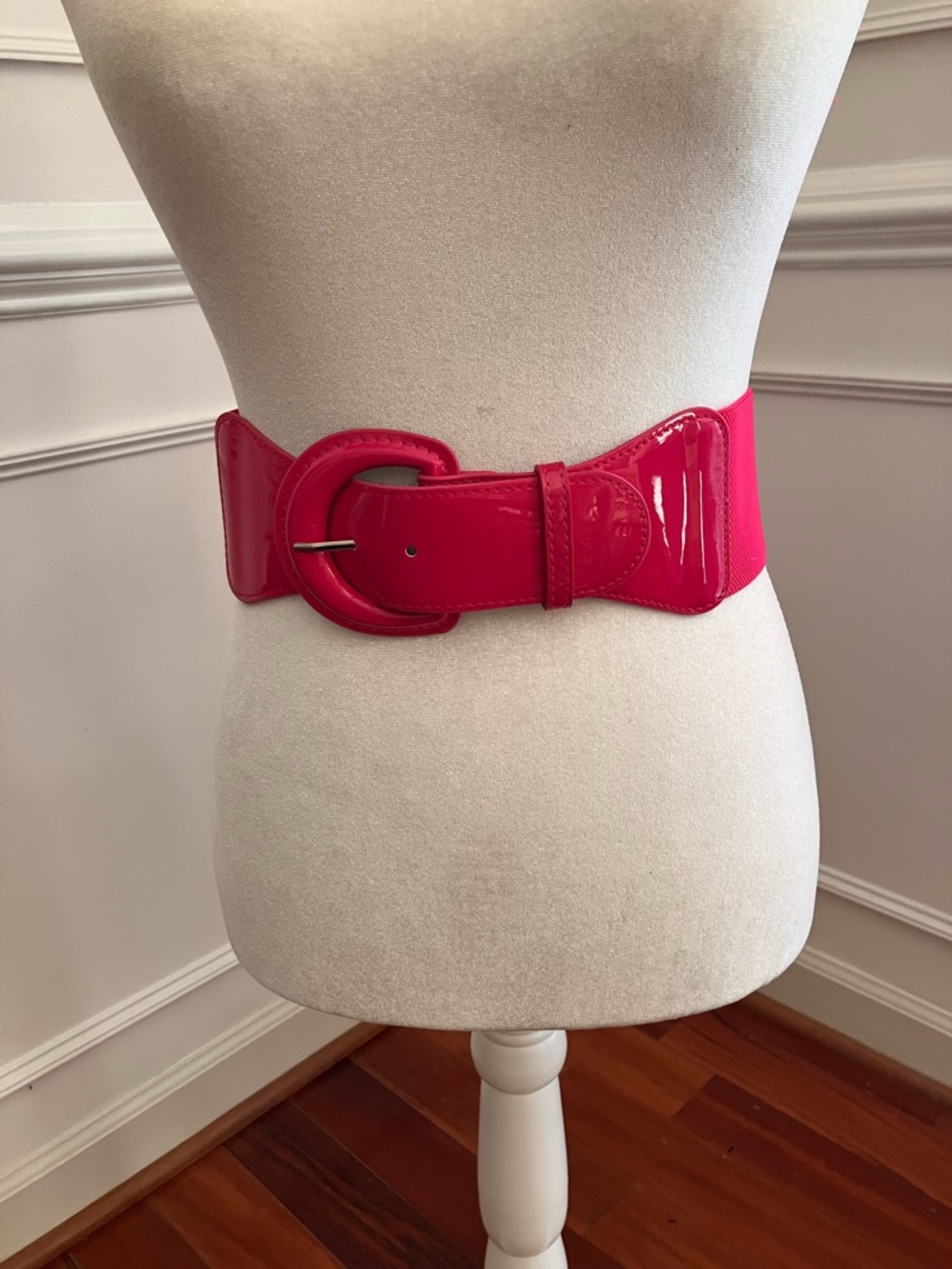 Faux Patent Pink Wide Waist Belt with Oversized Buckle - 37 inches